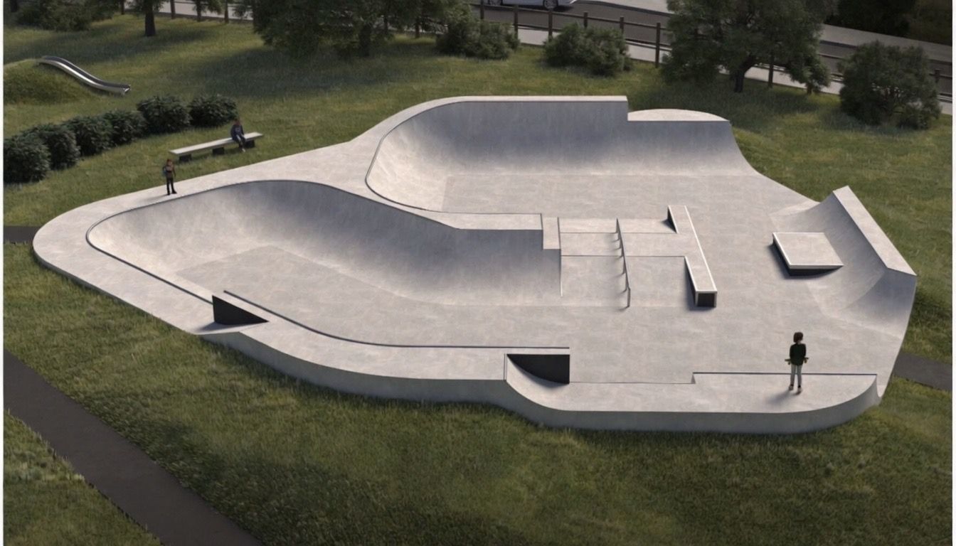 Concept render of the Chipping Norton skatepark: a concrete bowl and street area set into grass at New Street Recreation Ground